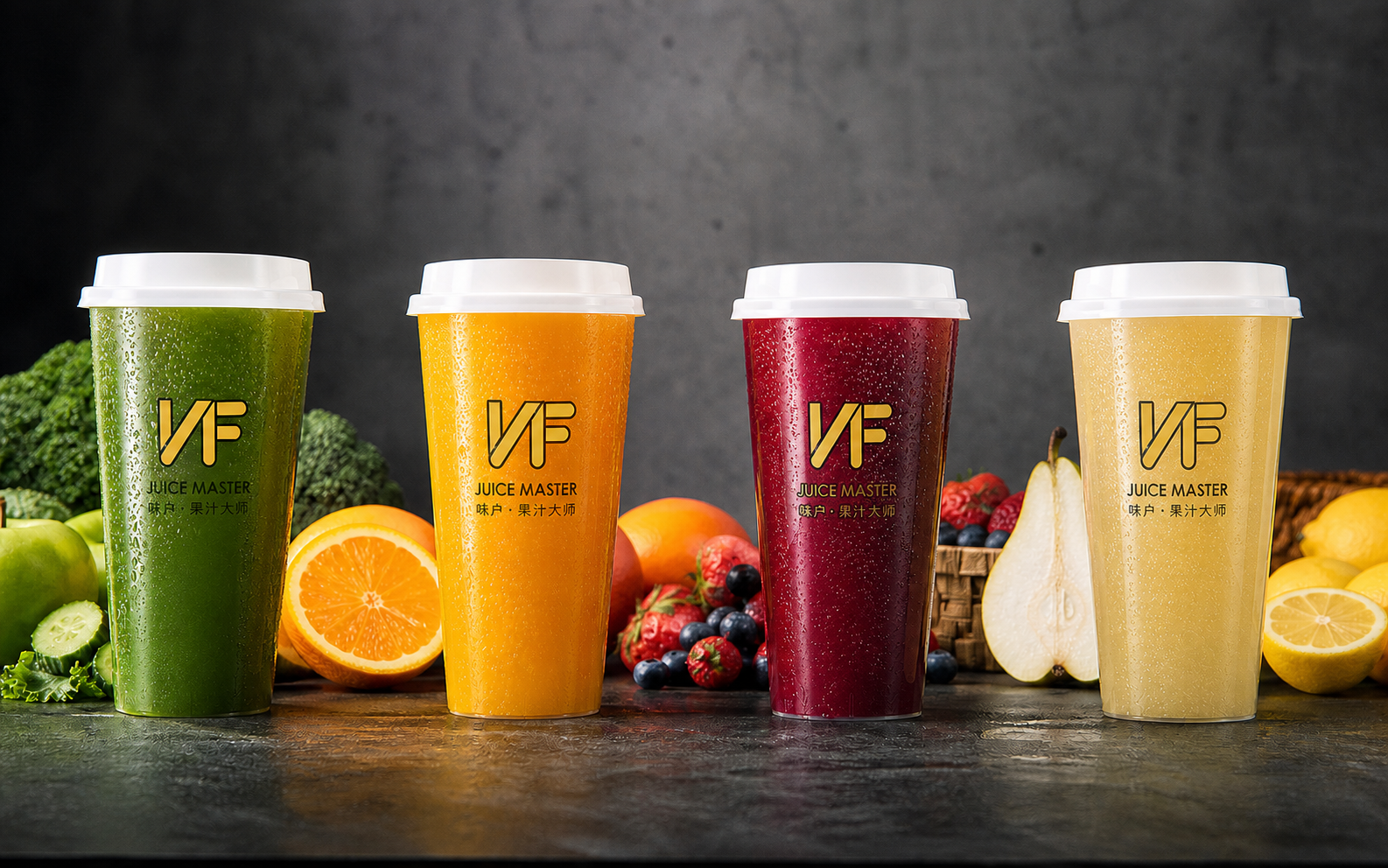 带有VF品牌标志的味户果汁大师四色鲜榨果汁产品