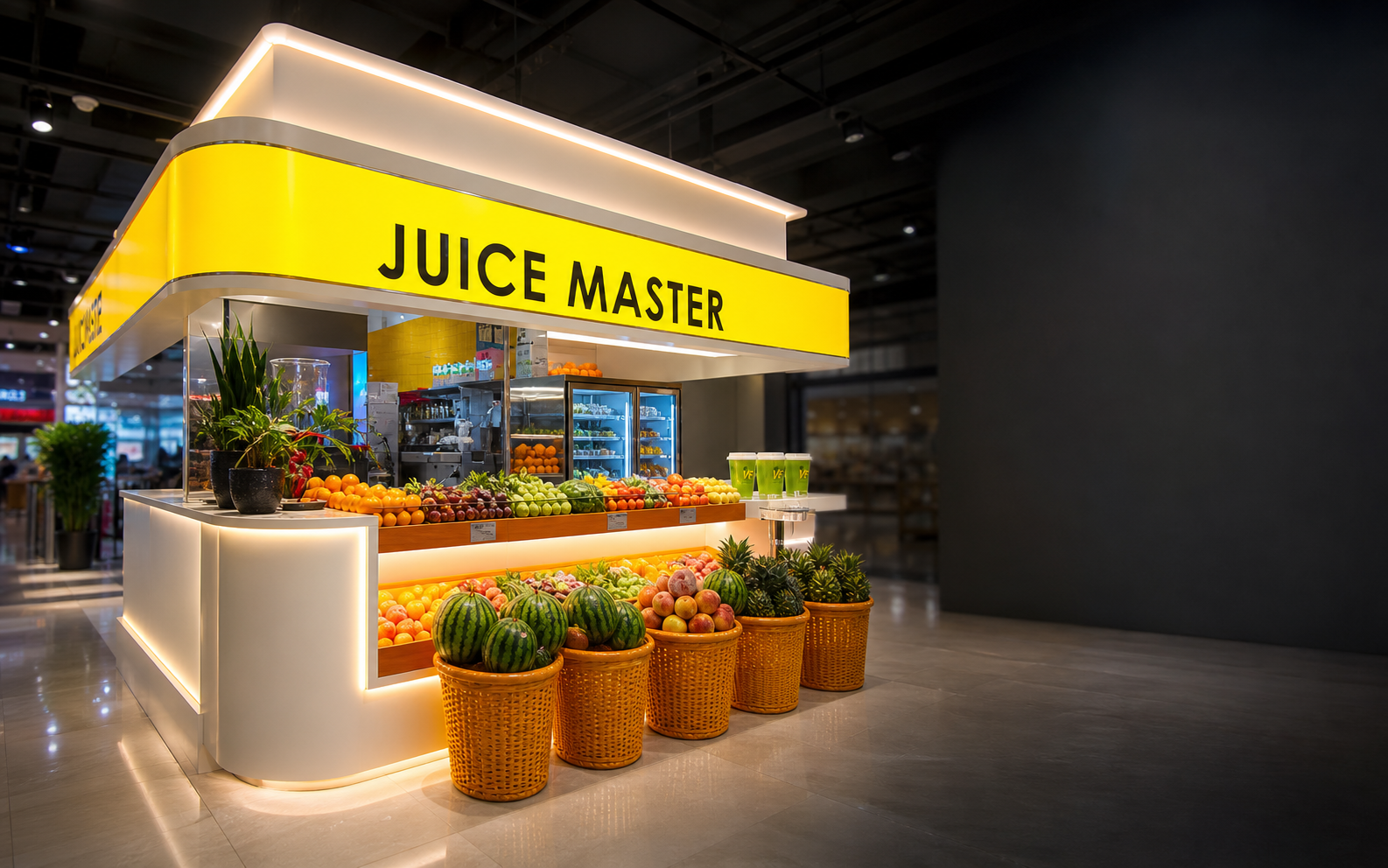 味户果汁大师黄色门店与新鲜水果陈列